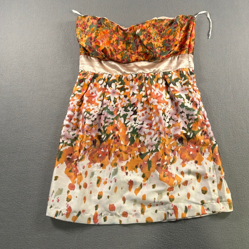 Body Central Strapless Floral Mini Dress Orange Pink Satin Waist D1165 Size L